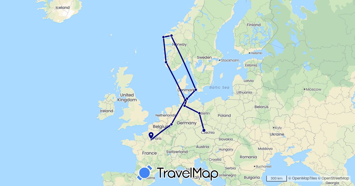 TravelMap itinerary: driving in Czech Republic, Germany, Denmark, France, Norway (Europe)
